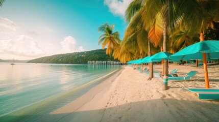 Naklejka premium The Ultimate Retreat: Towering Palms and Clear Turquoise Waters on a Pristine Beach, AI Generative
