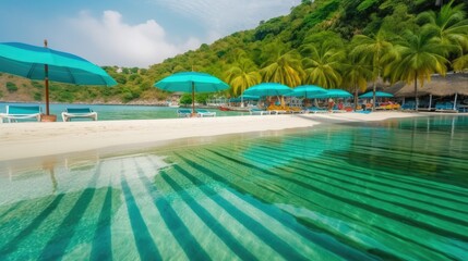 Paradise Cove: Towering Palms and Colorful Umbrellas on a Secluded Beach, AI Generative