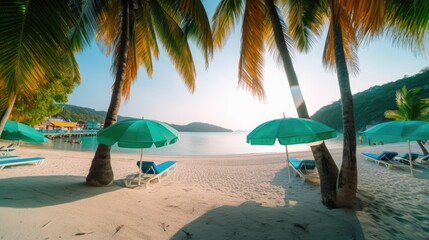 Fototapeta na wymiar Secluded Serenity: Towering Palms and Vibrant Umbrellas on a White Sandy Beach, AI Generative