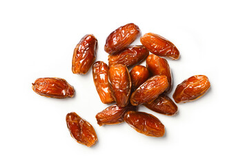 Top view of Dried dates fruits isolated on white background.