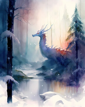 A snow dragon, winter. Fantasy forest landscape, water colors. Generative ai.
