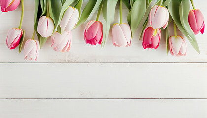tulips over shabby white wooden table, AI Generated