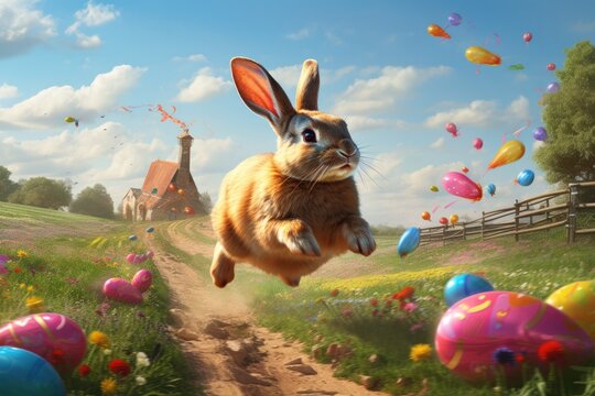 Easter Bunny Racing With Easter Eggs Flying In Sunny Landscape