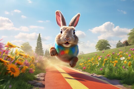 Easter Bunny Racing In Sunny Landscape