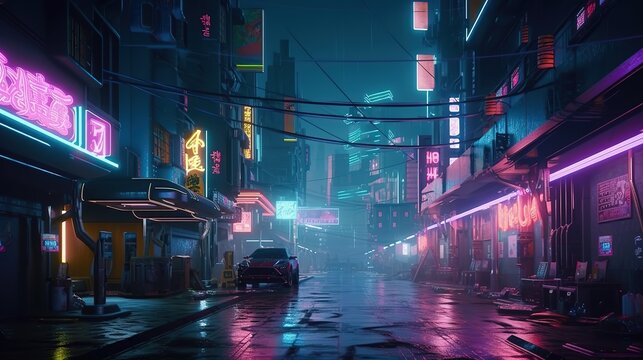Generative AI, Night scene of after rain city in cyberpunk style, futuristic nostalgic 80s, 90s. Neon lights vibrant colors, photorealistic horizontal illustration.	
