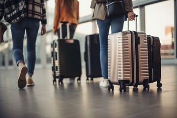 Travelers on airport walking with cases, created with generative AI