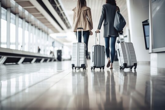 Travelers on airport walking with cases, created with generative AI