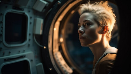 Fototapeta na wymiar Female astronaut inside space station created with Generative AI
