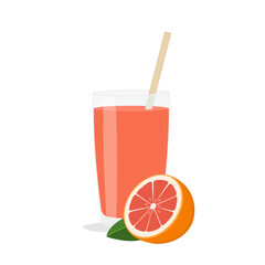 Glass of fresh grapefruit juice and cut fruits.