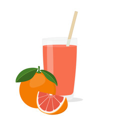 Glass of fresh grapefruit juice and cut fruits.