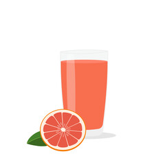 Glass of fresh grapefruit juice and cut fruits.