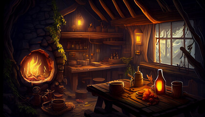 Fantastic fairy tale tavern in the old style. Wooden tables and chairs, a burning fireplace. Twilight, evening. - obrazy, fototapety, plakaty