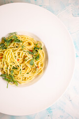 close-up of pasta of hard varieties in a white plate