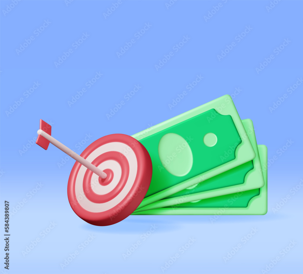 Aufkleber 3d stacks of dollars and target with arrow isolated. render dartboard with arrow and cash money. bus