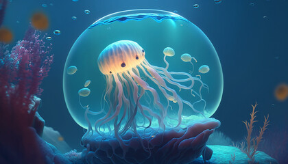 Cute Jellyfish under water. Generative Ai.