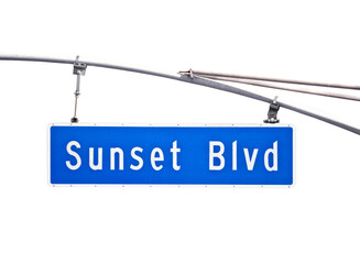 Sunset Blvd overhead street sign with cut out sky.
