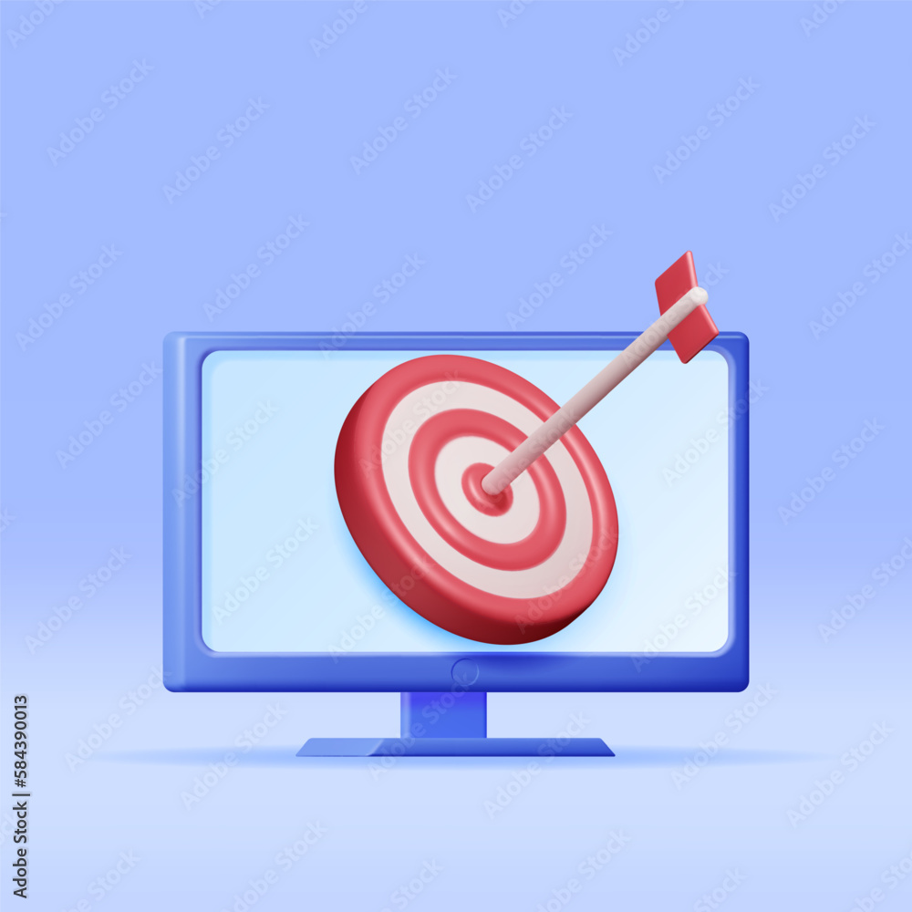 Aufkleber 3d target with arrow in center on computer screen. render dartboard with arrow and monitor. goal set