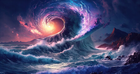 a creative fantasy ocean in space, high flying waters, wallpaper style, generative ai technology