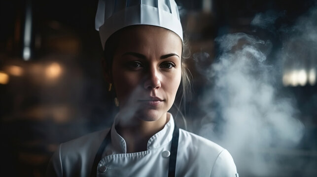Portrait of a female cook in a restaurant kitchen. generative AI	
