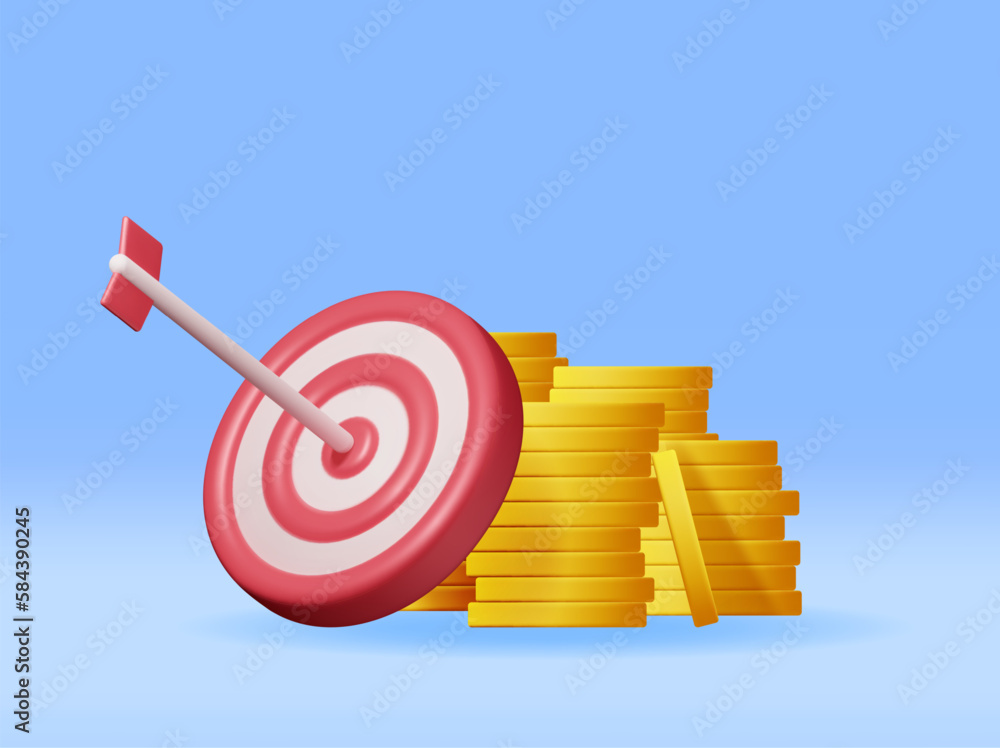 Poster 3d stacks of coins and target with arrow isolated. render dartboard with arrow and golden money. bus