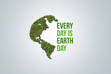 Every day is Earth Day. Earth day 2023 3d concept background. Ecology concept. Design with 3d globe map drawing and leaves isolated on white background. 