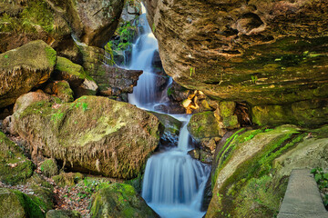 Lichtenhainer Wasserfall - Moos - View of  Waterfall Long Exposure - Rocks and Green Moss