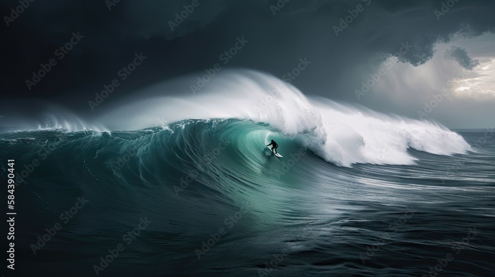 Wall mural a lone surfer riding a massive wave while lightning strikes in the distance