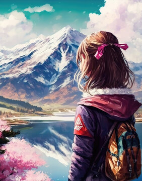 a beautiful young girl in front of the mountains, oil anime painting style, generative ai technology