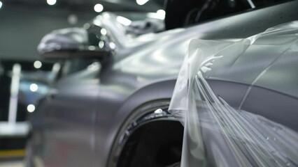 Protective film for car body. Overlaying a vinyl film on the surface of body parts. Vehicle detailing.