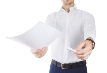 Man suggesting a piece of a paper and a pen, cut out