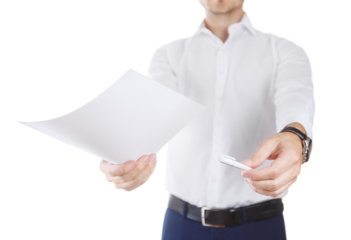 Man suggesting a piece of a paper and a pen, cut out