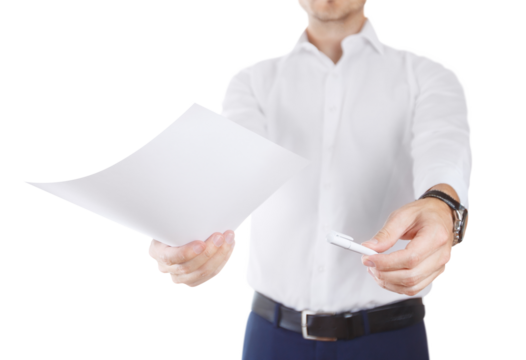 Man suggesting a piece of a paper and a pen, cut out