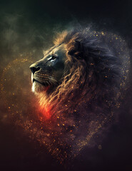 Naklejka premium a strong impressive and epic lion in space thinking about life, contour of a heart, generative ai technology