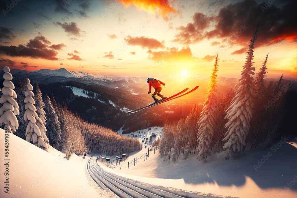 Canvas Prints Skier in mountains riding in snow against backdrop of sunset skiing, generative ai, created with generative ai