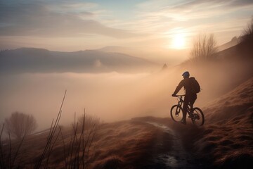 Naklejka na ściany i meble a person riding a bike on a trail in the foggy mountains at sunrise or dawn with the sun peeking through the foggy clouds. generative ai