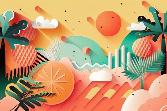 Photo of a stunning colorful landscape with palm trees and fluffy clouds for summer banner, generative ai