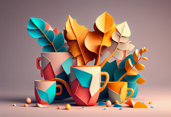 Beautiful abstract surreal geometric Coffee cups concept, contemporary colors and mood social background.  Generative AI technology.
