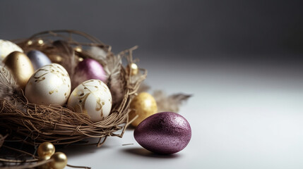 Luxury easter background with purple,white and golden eggs. Empty advertising place. Generative AI