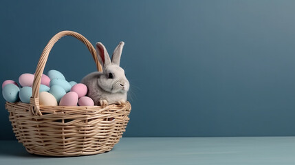 Easter background with bunny rabbit in basket with eggs. Empty advertising place. Generative AI