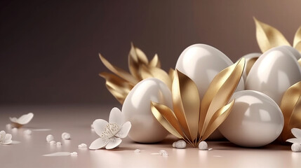 Happy Easter Luxury background with golden and white eggs. Empty advertising place. Generative AI