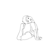 Obraz premium Kids Yoga Joga für Kinder, Asana Kobra, Freizeit, Hobby, Achtsamkeit. Junge barfuß in Yoga Haltung, macht fröhliches Gesicht, lächelt, ist entspannt, erholt sich. Ausmalbild in schwarz weiß