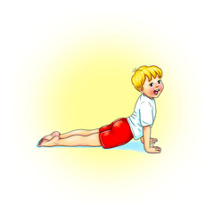 Kids Yoga - Joga für Kinder, Asana Hund, Freizeit, Hobby, Achtsamkeit. Junge barfuß in Yoga Haltung, macht fröhliches Gesicht, lächelt, ist entspannt und erholt sich. Freude und Ausgeglichenheit