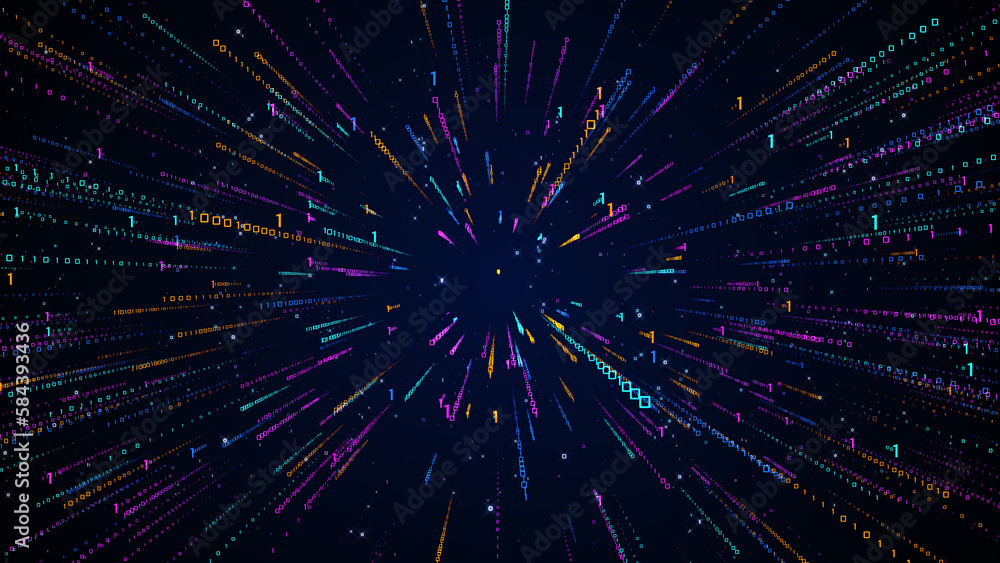 Poster abstract data transfer blue purple orange shiny binary digital number 01 burst matrix style hi-tech 