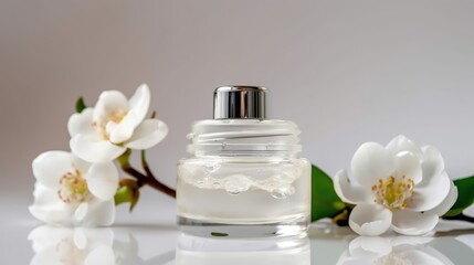 Obraz na płótnie Canvas Spa essential oil in a glass bottle still life with white flowers. generative ai