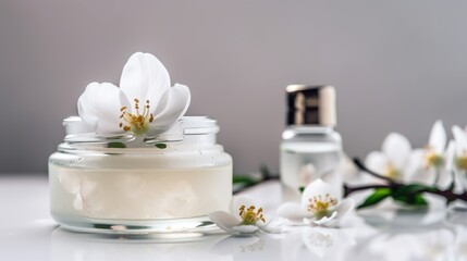 Obraz na płótnie Canvas Spa essential oil in a glass bottle still life with white flowers. generative ai