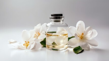 Fototapeta na wymiar Spa essential oil in a glass bottle still life with white flowers. generative ai