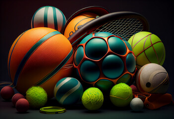 Beautiful abstract surreal geometric Sports equipment (balls, nets, etc.) concept, contemporary colors and mood social background.  Generative AI technology.
