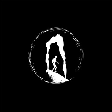 Speleologist figure in cave silhouette logo template, caveman icon, extreme sport challenge, speleologist label, risk rock expedition symbol. Vector illustration.