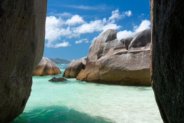 Fascinating rock formations on the beach of the Seychelles.