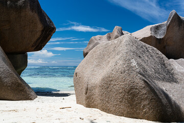 Fascinating rock formations on the beach of the Seychelles.